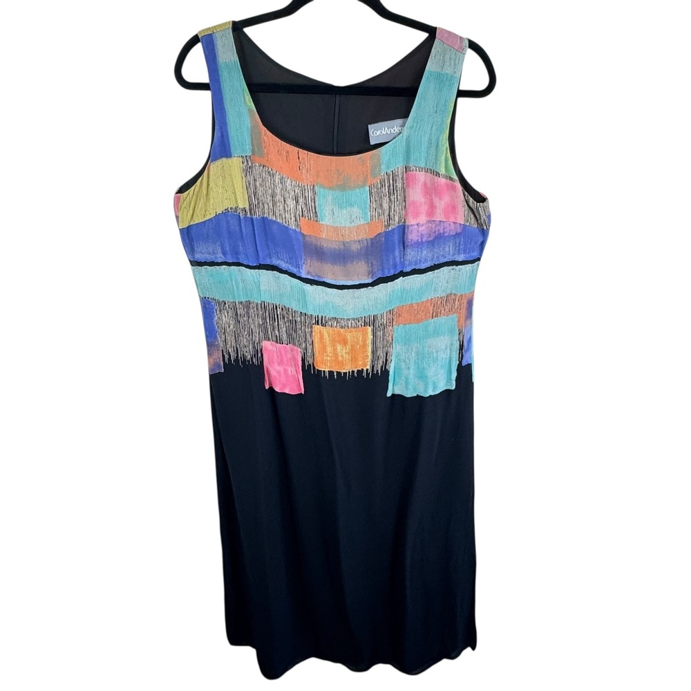 Carol Anderson California Vintage Abstract Print Black Sheath Midi Dress Size 14
